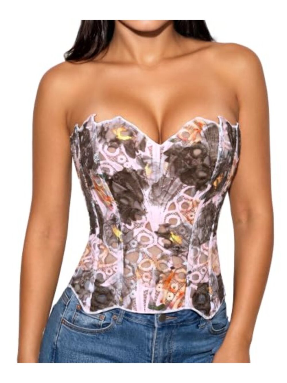 Lace Corset Top Womens Sheer Floral Bustier Lace-Up Mesh Overbust
